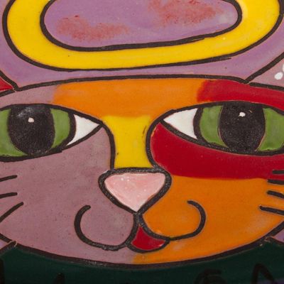 Alternate image for Handcrafted Ceramic Angel Cat Wall Art from Mexico Angelic Kitty