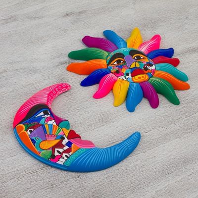 Alternate image for Mexican Hand Painted Sun and Moon Ceramic Wall Art Celestial Couple
