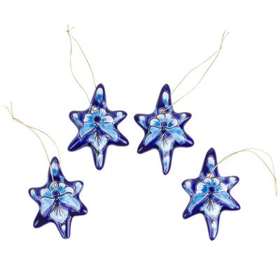 Alternate image for Set of 4 Handcrafted Ceramic Talavera Star Ornaments in Blue Floral Twilight