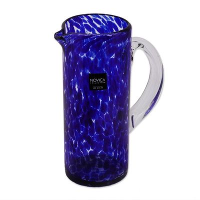 Alternate image for Hand Blown Glass Pitcher 33 Oz Tall Clear Mexico Dotted Blue