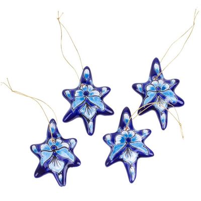Alternate image for Set of 4 Handcrafted Ceramic Talavera Star Ornaments in Blue Floral Twilight