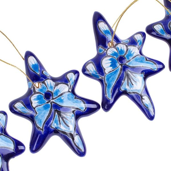 Alternate image for Set of 4 Handcrafted Ceramic Talavera Star Ornaments in Blue Floral Twilight