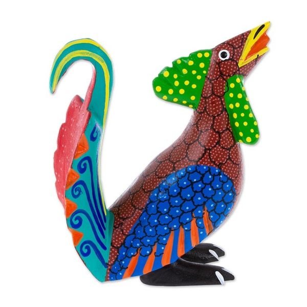 Alternate image for Hand-Carved Hand Painted Wood Rooster Alebrije Figurine Striking Rooster