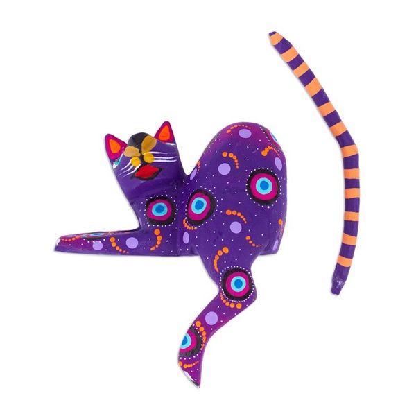 Alternate image for Hand-Painted Purple Copal Wood Alebrije Cat Figurine Placid Feline in Purple