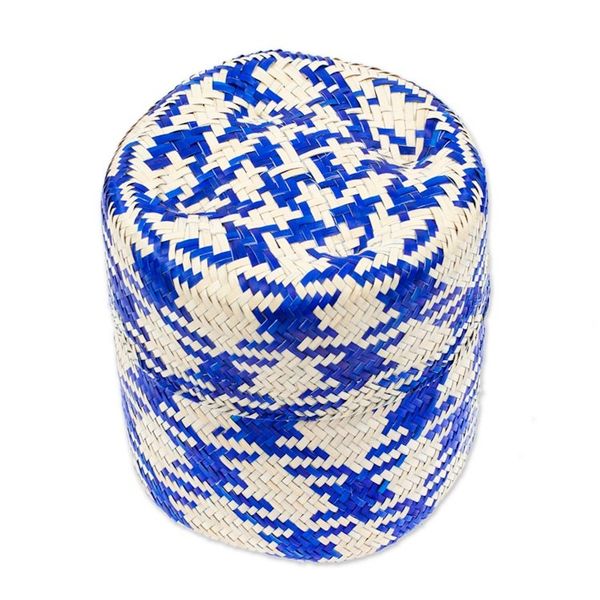 Alternate image for Blue Basket with Lid Hand-Woven from Palm Fiber in Mexico Rooster in Blue