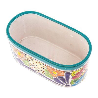 Alternate image for Handcrafted Floral Talavera Ceramic Flower Pot from Mexico Oblong Hacienda in Teal
