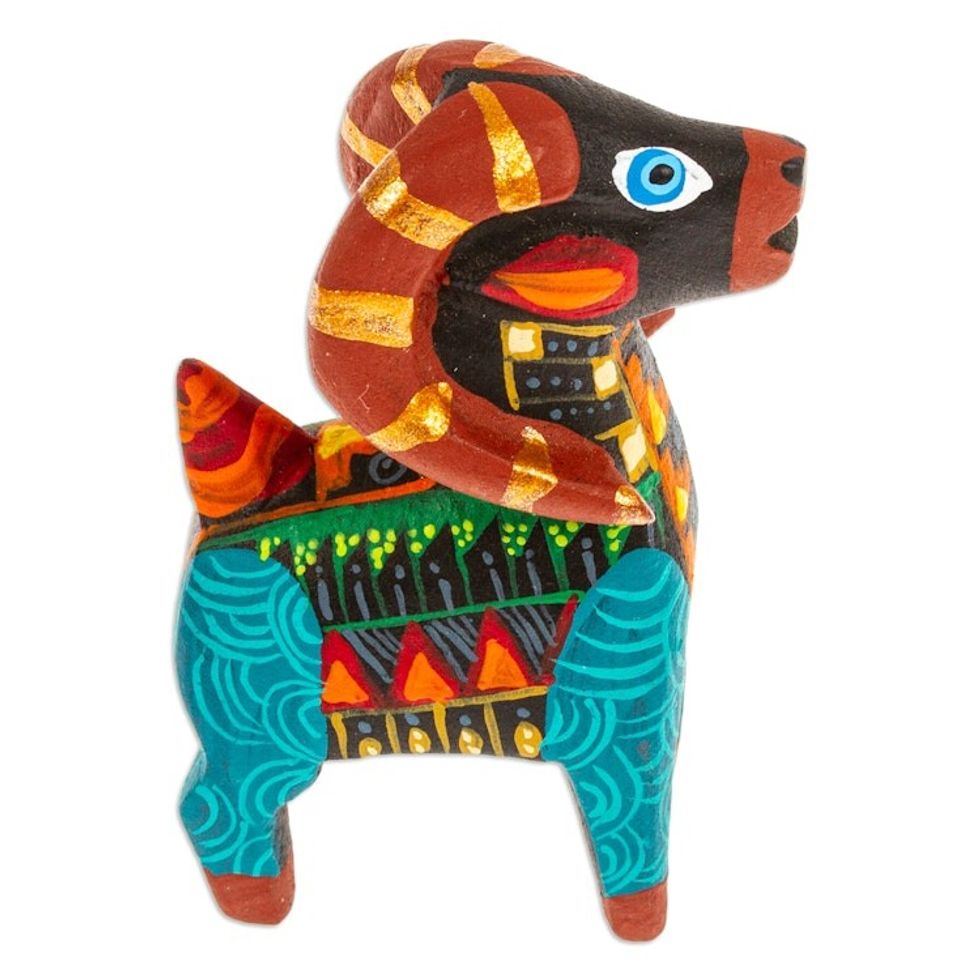 Copal Wood Alebrije Sheep Figurine Hand-Painted in Turquoise 'Glorious Sheep'