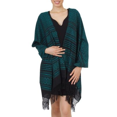 Alternate image for Mexican Handwoven Zapotec Shawl Cotton in Black and Aqua Agave Shadows