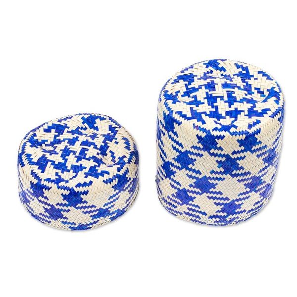 Alternate image for Blue Basket with Lid Hand-Woven from Palm Fiber in Mexico Rooster in Blue