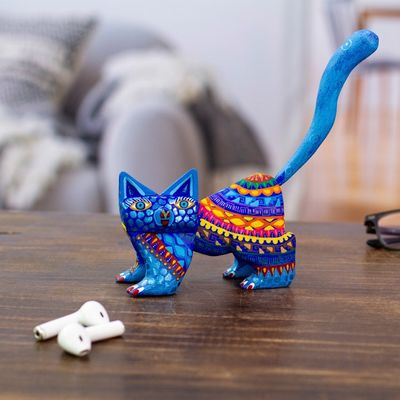 Alternate image for Mexican Alebrije Cat Sculpture Playful Blue Kitten