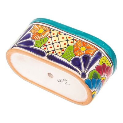 Alternate image for Handcrafted Floral Talavera Ceramic Flower Pot from Mexico Oblong Hacienda in Teal