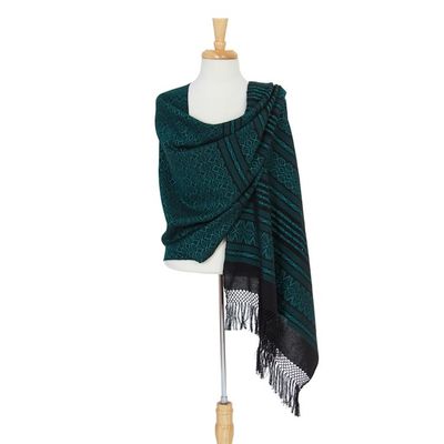 Alternate image for Mexican Handwoven Zapotec Shawl Cotton in Black and Aqua Agave Shadows