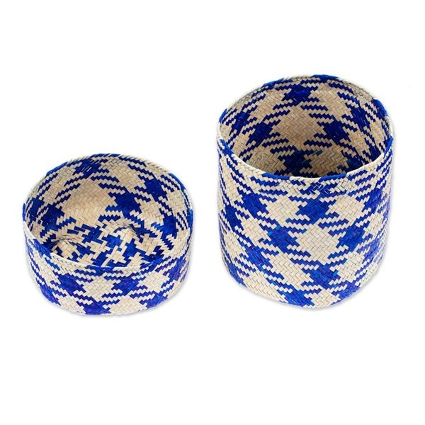 Alternate image for Blue Basket with Lid Hand-Woven from Palm Fiber in Mexico Rooster in Blue