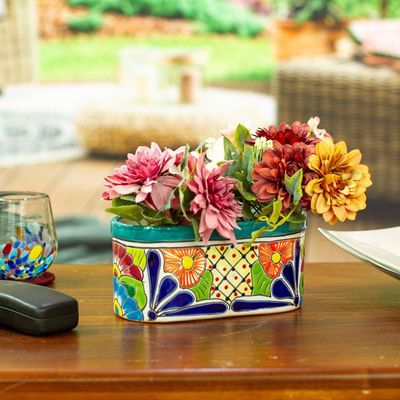 Alternate image for Handcrafted Floral Talavera Ceramic Flower Pot from Mexico Oblong Hacienda in Teal