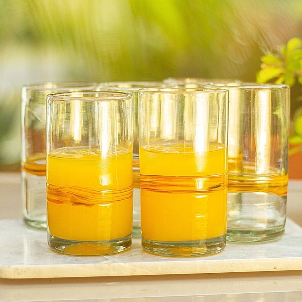 Set of 6 Blown Recycled Glass Tumblers OrangeYellow Stripe 'Ribbon of Sunshine'