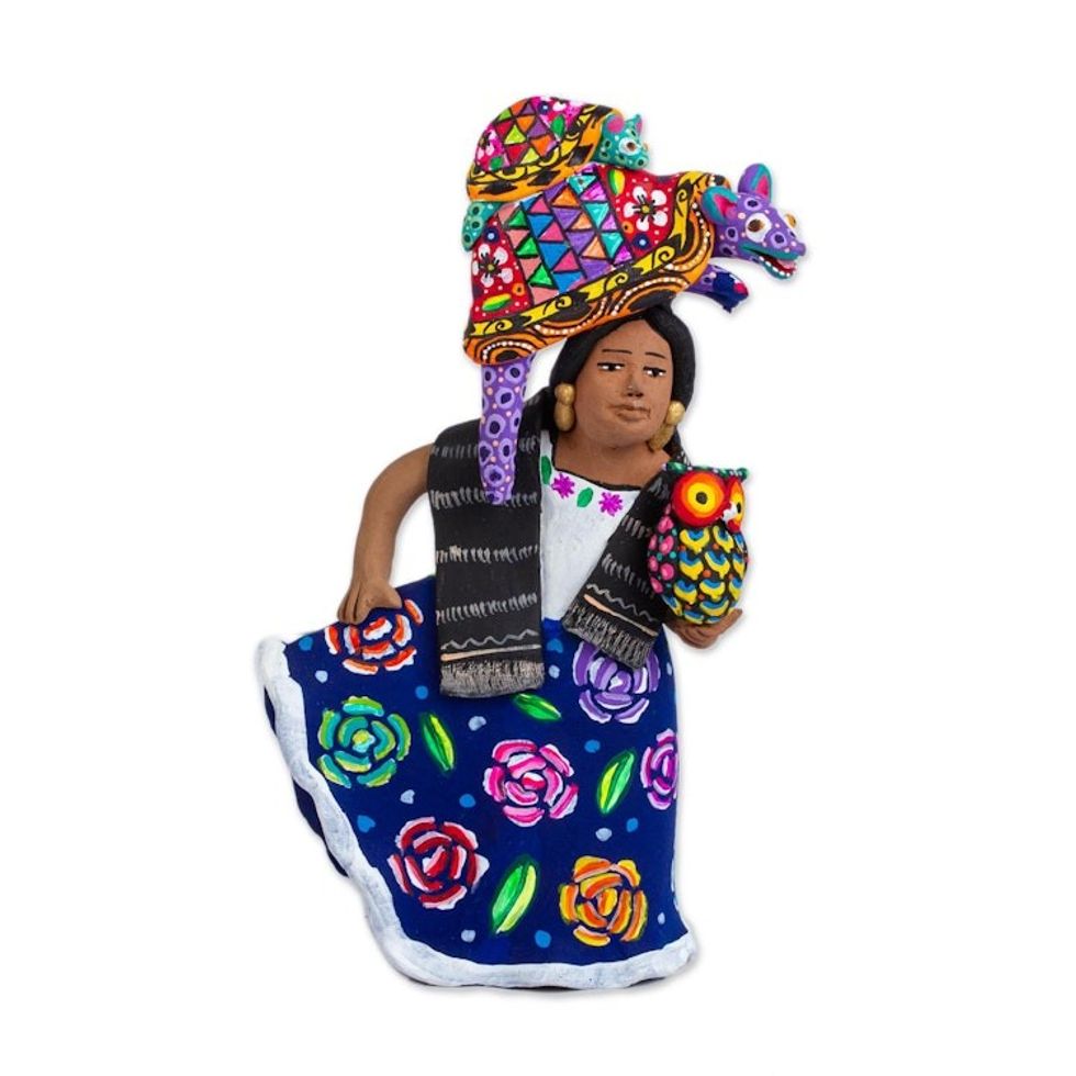Alebrije-Themed Ceramic Sculpture from Mexico 'Woman with Alebrijes'
