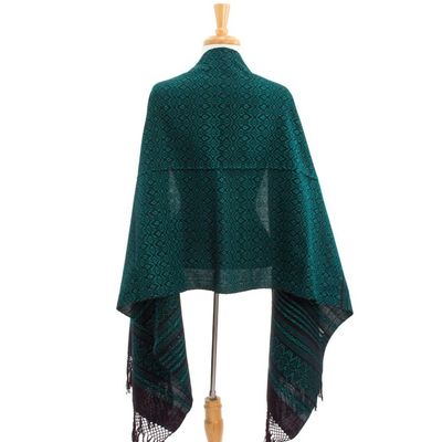 Alternate image for Mexican Handwoven Zapotec Shawl Cotton in Black and Aqua Agave Shadows