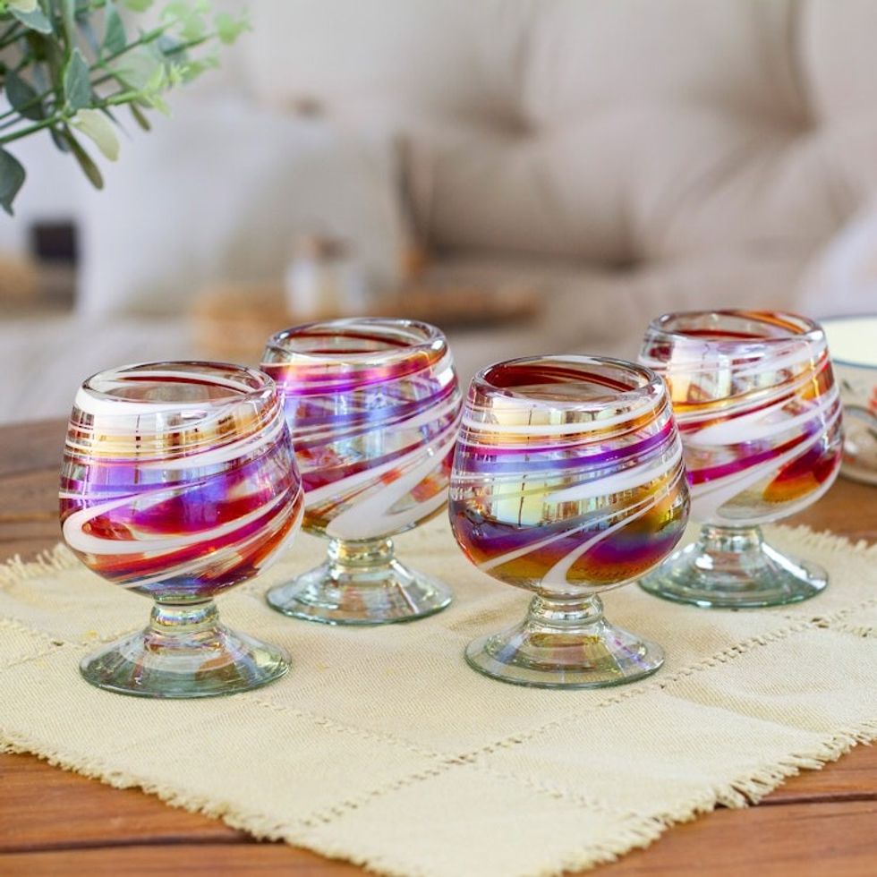 Set of 4 Eco-Friendly Red Handblown Glass Goblets 'Grace Enchantment'