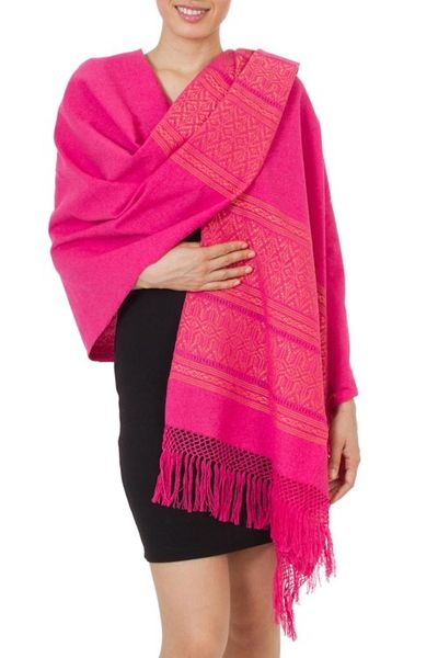 Alternate image for Unique Hot Pink Cotton Patterned Shawl Handwoven in Mexico Hot Pink  Zapotec Treasures