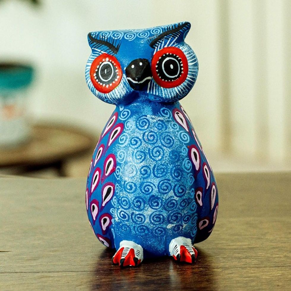 Hand Carved Owl Alebrije with Blue Wings from Oaxaca 'Blue Winged Owl'