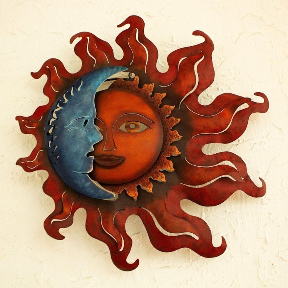 Handcrafted Sun and Moon Steel Wall Sconce from Mexico 'Eclipse Over Jalisco'