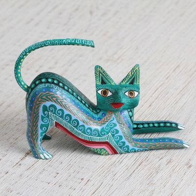 Alternate image for Wood Alebrije Figurine Cat in Green from Mexico Cat Stretch
