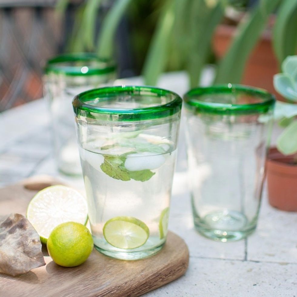 Handblown Glass Clear and Green Water Glasses Set of 6 'Conical'