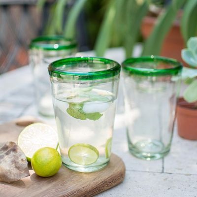 Alternate image for Handblown Glass Clear and Green Water Glasses Set of 6 Conical