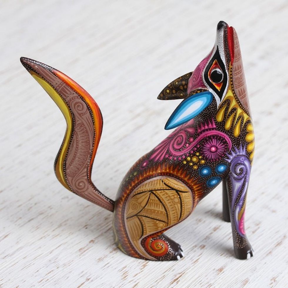 Colorful Copal Wood Alebrije Coyote Figurine from Mexico 'Mystical Coyote'