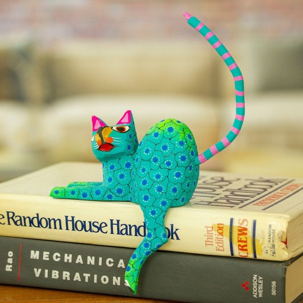 Aqua Cat Hand-Painted Wood Alebrije Shelf Sitter Figurine 'Aqua Cute Cat'