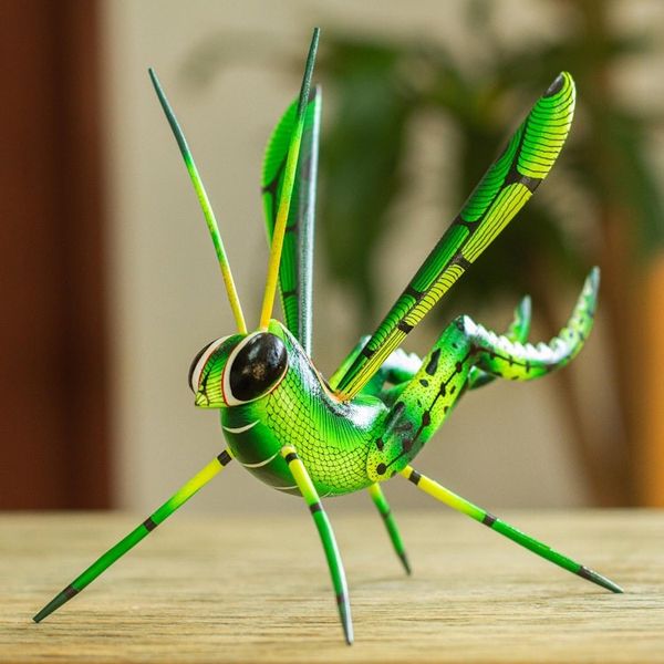 Alternate image for Wood Alebrije Cricket Sculpture in Green from Mexico Green Good Luck Cricket