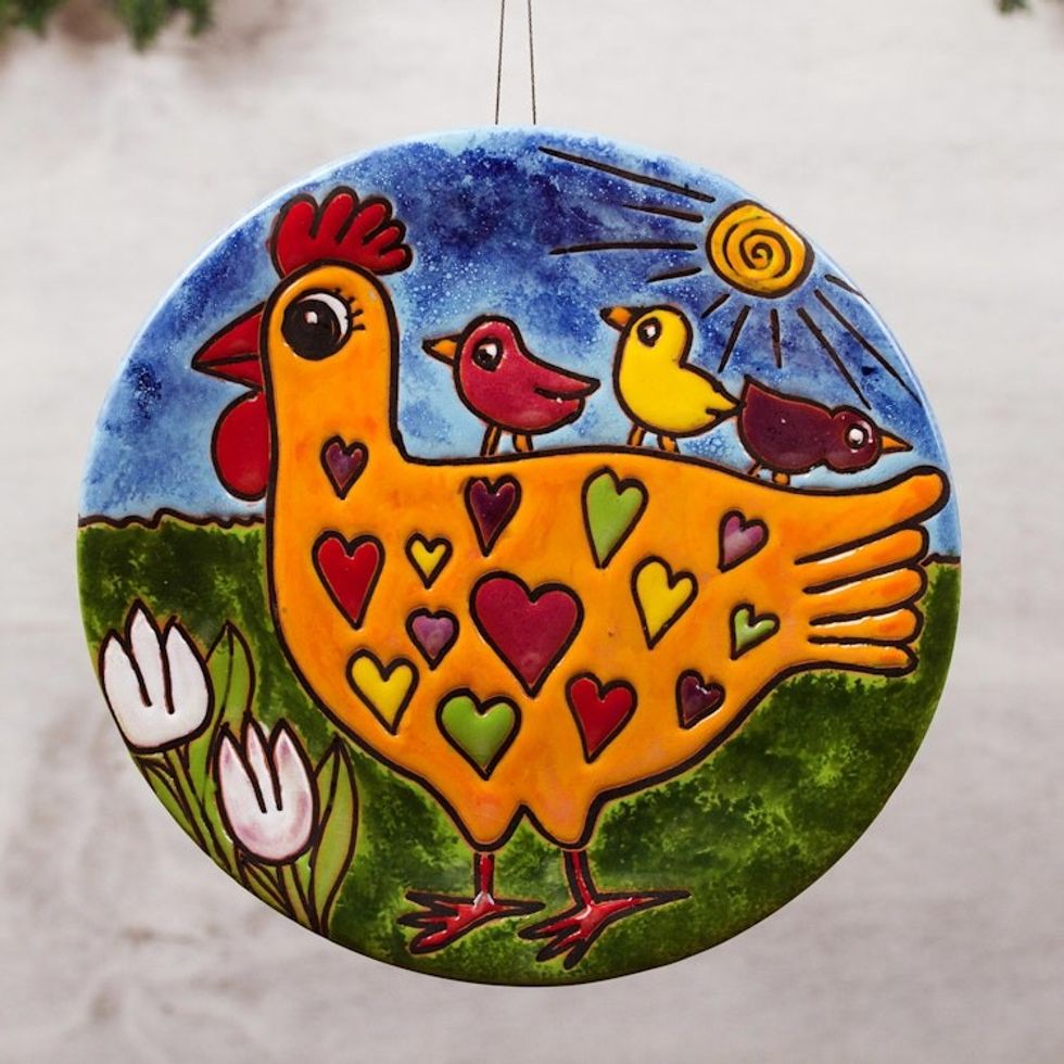 Heart Motif Ceramic Wall Art of a Chicken from Mexico 'Chicken of Hearts'