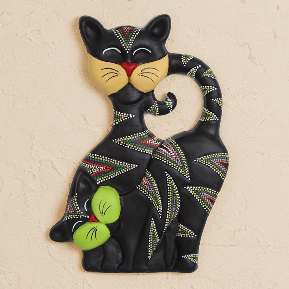 Hand-Painted Ceramic Cat Wall Art from Mexico 'Cat Friends'