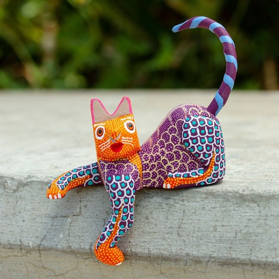 Artisan Crafted Alebrije Figurine from Mexico 'Lounging Cat in Purple'