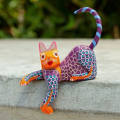 Alternate image for Artisan Crafted Alebrije Figurine from Mexico Lounging Cat in Purple