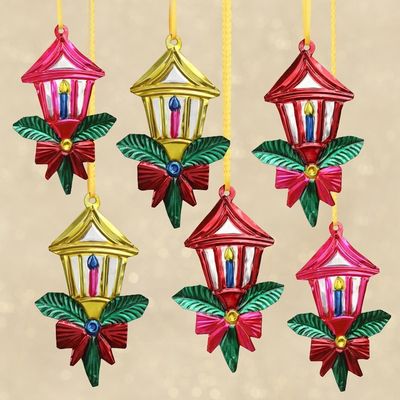 Alternate image for Mexican Hand Painted Tin Lantern Ornaments set of 6 Candle Lights