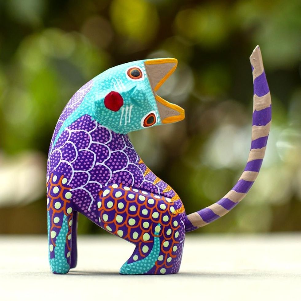 Small Wood Alebrije Figurine 'Crazy Cat'
