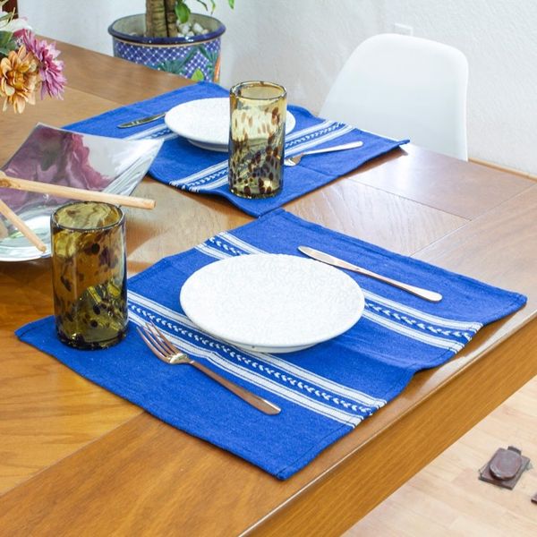 Alternate image for Pair of Blue and White Cotton Placemats Hand-Woven in Mexico Blue Delight