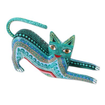 Alternate image for Wood Alebrije Figurine Cat in Green from Mexico Cat Stretch