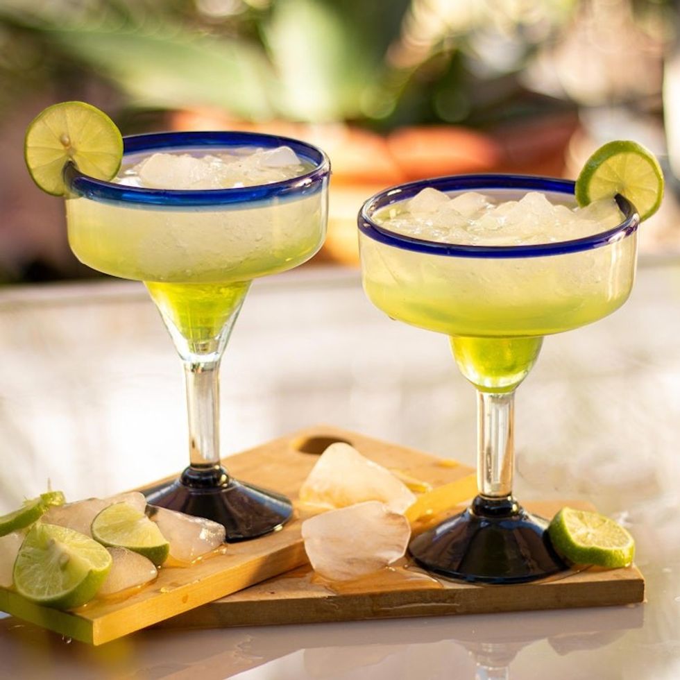 Eco Friendly Set of Six Hand Blown Margarita Glasses 'Cobalt Contrasts'