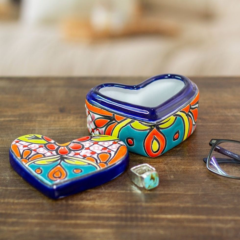 Heart-Shaped Floral Talavera Ceramic Decorative Box 'Classic Romance'