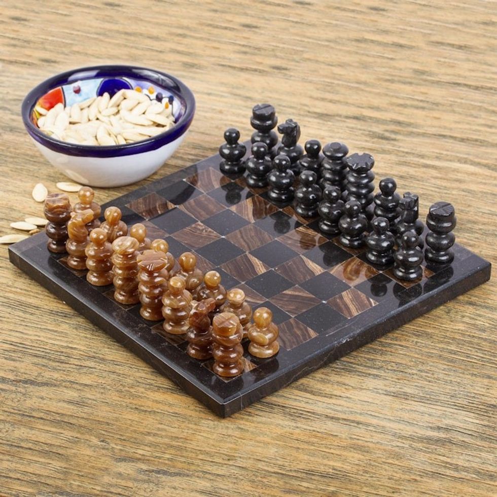 Onyx and Marble Mini Chess Set Handcrafted in Mexico 'Coffee and Mocha'