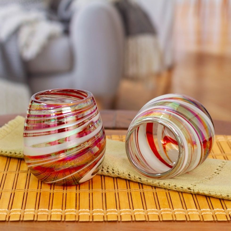 Pair of Eco-Friendly Handblown Stemless Wine Glasses 'Joyous Enchantment'
