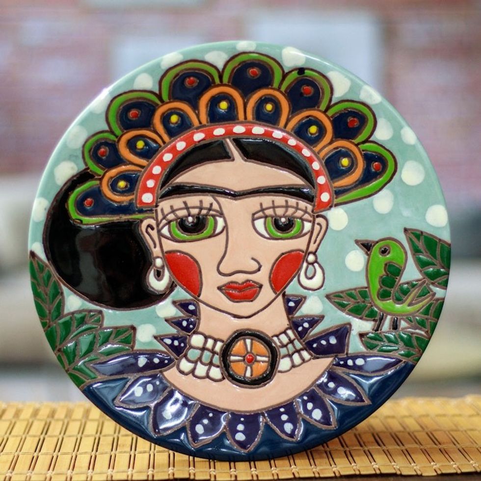 Ceramic Wall Art of Frida with a Headdress from Mexico 'Plumed Frida'