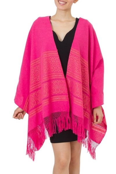 Alternate image for Unique Hot Pink Cotton Patterned Shawl Handwoven in Mexico Hot Pink  Zapotec Treasures
