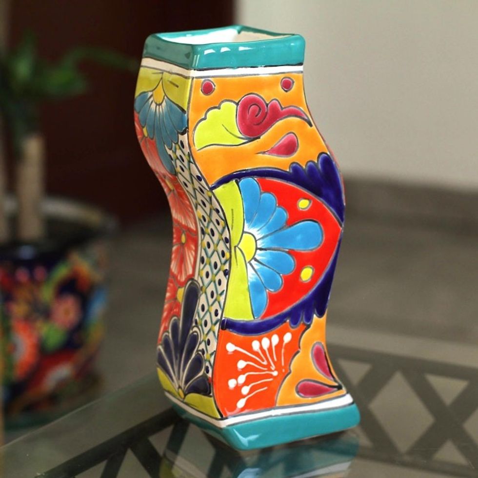 Wavy Talavera-Style Ceramic Floral Vase from Mexico 'Wavy Talavera'