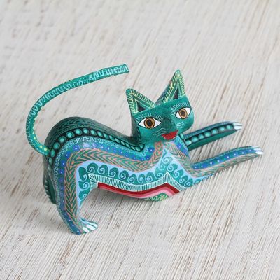 Alternate image for Wood Alebrije Figurine Cat in Green from Mexico Cat Stretch
