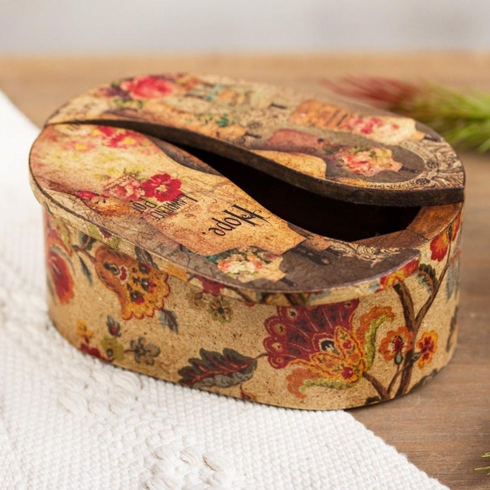 Oval Decoupage Victorian-Style Pinewood Treasure Box 'Memories'