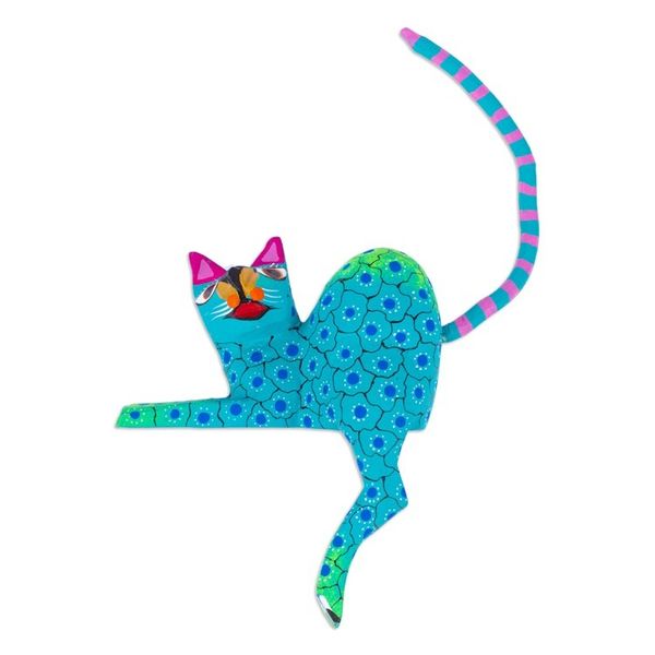 Alternate image for Aqua Cat Hand-Painted Wood Alebrije Shelf Sitter Figurine Aqua Cute Cat
