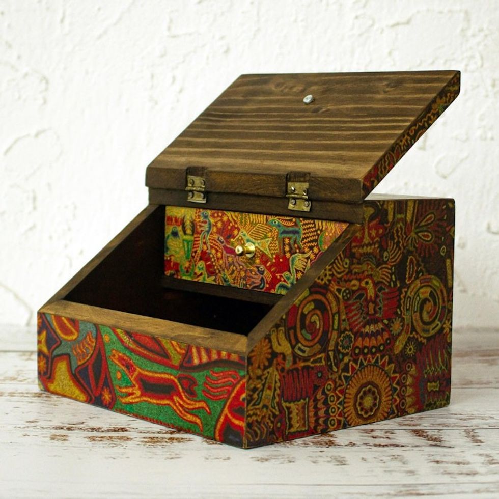 Huichol Cosmogony on 6-Inch Decoupage Wood Jewelry Box 'Huichol Essence'